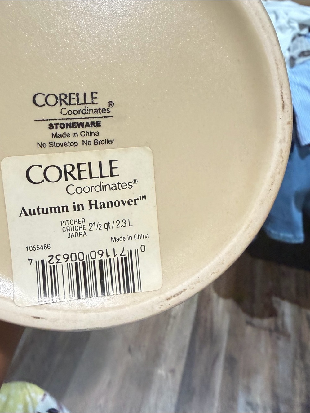 Corelle Cream Stoneware Pitcher - Autumn in Hanover Label